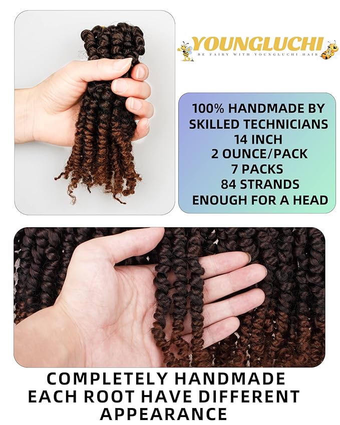 Pre-twisted Passion Twist Crochet Hair for Black Women 14 Inch 7 Packs Passion Twist Hair,Pre-looped Crochet Hair,Synthetic Spring Kinky Twist Braiding Hair Extensions (14"-7P,T30)