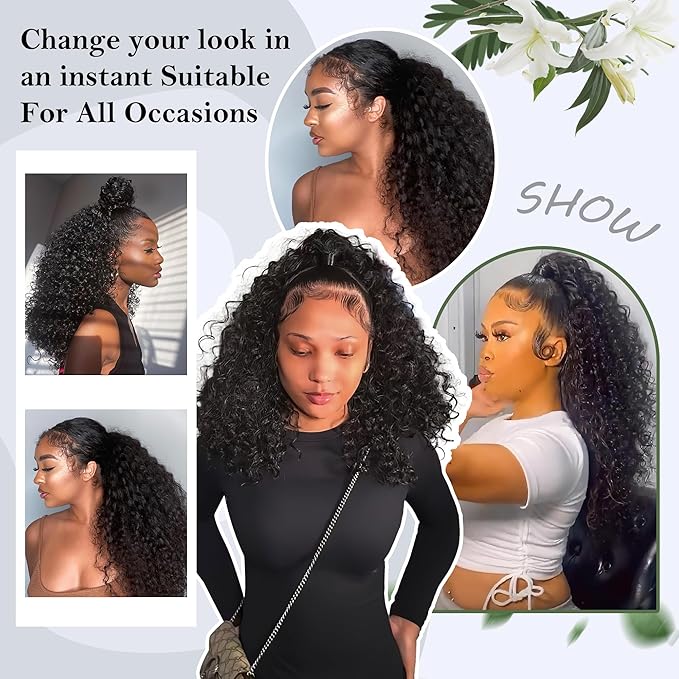 20 Inch Drawstring Ponytail Extension for Black Women Deep Curly Ponytail Extension Synthetic Mixed with Human Hair Hairpieces Afro Kinky Curly Pony Tail for Daily Use (Black)
