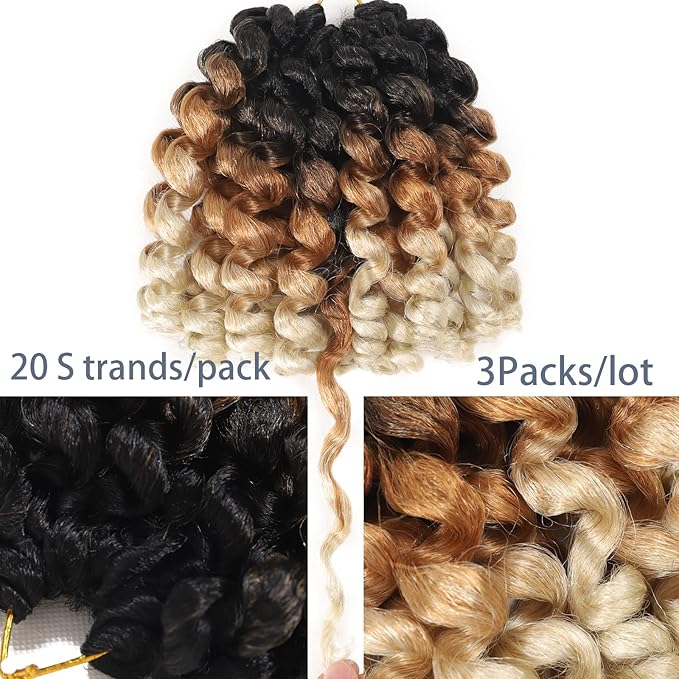 Jamaican Bounce Crochet Hair Extensions 8 inch Ringlet Wand Curl Crochet Hair Blonde Brown Ombre Curly Crochet Braids Blonde 3 Tone Ombre Crochet Braiding Hair 100 Roots