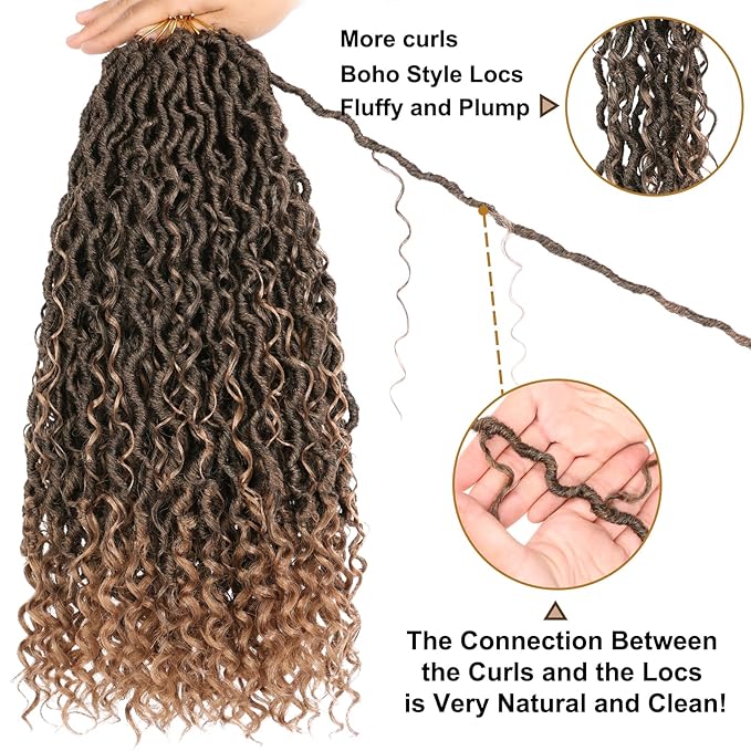 COOKOO 8 Packs Goddess Locs Crochet Hair 18 Inch 14 Strands/PCS Bohemian Faux Locs Crochet Hair with Curls at the Ends Curly Locs Hair Pre Looped Crochet Braids Synthetic Hippie Locs Hair T27