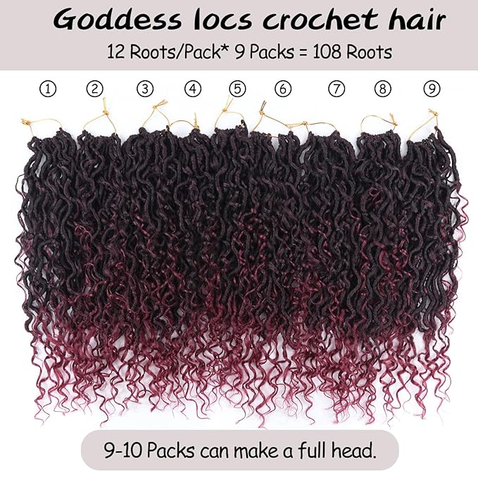 Goddess Locs Crochet Hair,Vemet 14 Inch 9 Packs Synthetic Faux Locs Crochet Hair for Black Women,River Locs Hair Extensions Boho Style Pre looped Faux Locs with Curly Ends