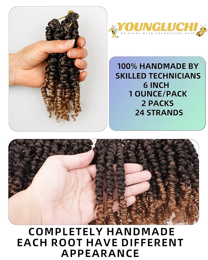 Super Short Passion Twist Crochet Hair for Black Women and Kids-6 Inch 2 Packs Ombre Blonde Pre Looped Pre-twisted Passion Twist Hair,Bob Spring Kinky Twist Bohemian Curl(6"-2P,T27)