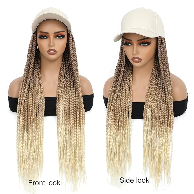 Hat Wig for Women Baseball Cap with Blonde Braided Hair Attached 24inch long Synthetic Box Braid Wig Adjustable Beige Cap with ombre brown blonde light blonde Braids for Daily Outdoor Halloween Use