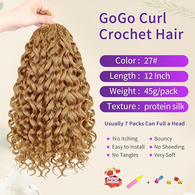 Gogo Curl Crochet Hair Protein Fiber Close to Human Hair 12 Inch 7 Packs Pre looped Water Wave Crochet Hair Deep Twist Synthetic Braiding Hair for Women (27#, 12Inch)
