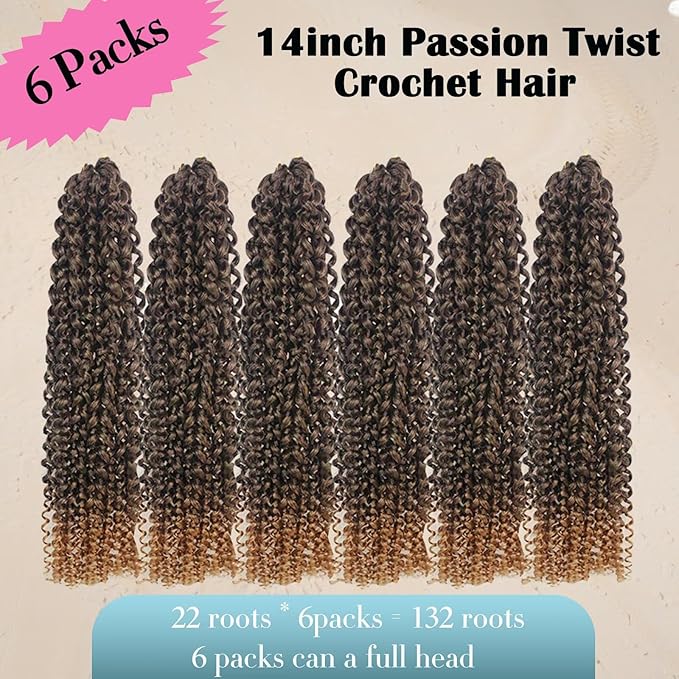 14inch Passion Twists Hair - Ombre Water Wave Crochet Hair for Black Women,Bohemian Curly Braiding Hair for Butterfly Locs,Faux Locs,Boho Style Crochet Braids Hair Extensions(T27#, 132 Strands)