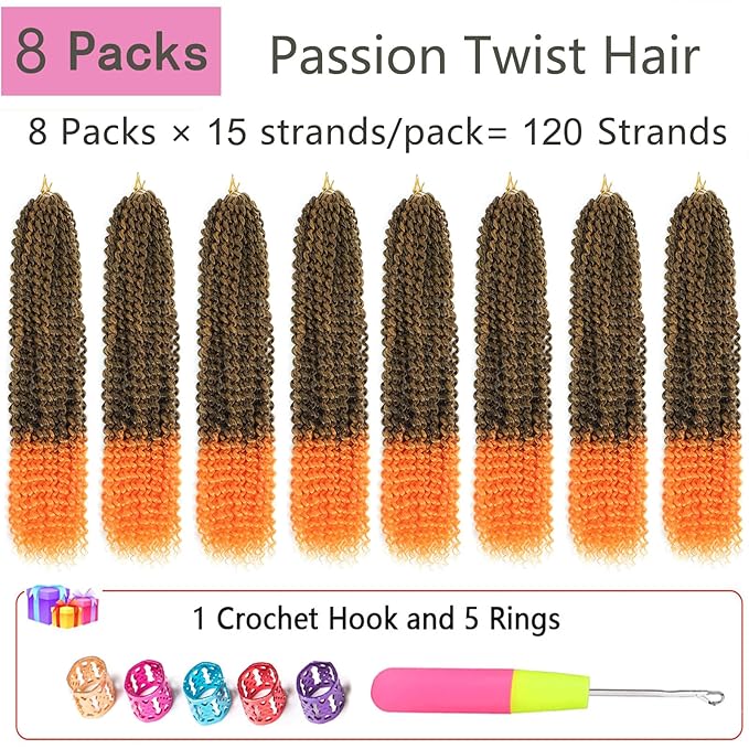 Passion Twist Hair 24 Inch 8 Packs Passion Twist Crochet Hair Braiding Hair Long Bohemian Spring Twist Hair Crochet Braids Synthetic Hair Extension (24 Inch, 1B/Orange)