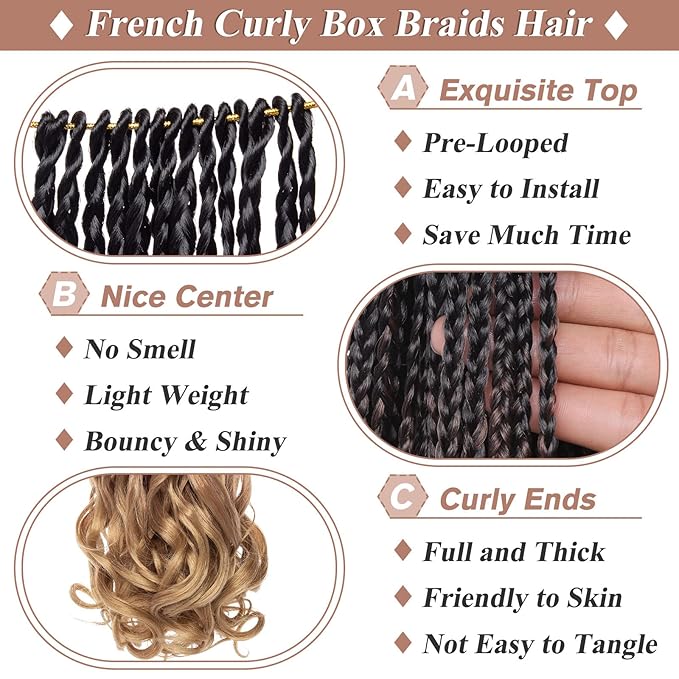 9 Packs French Curl Crochet Braids 14 Inch Goddess Box Braids with Bouncy Wavy Ends Crochet Hair Ombre Brown Honey Blonde Pre Looped Synthetic French Curly Braiding Hair for Women Kids