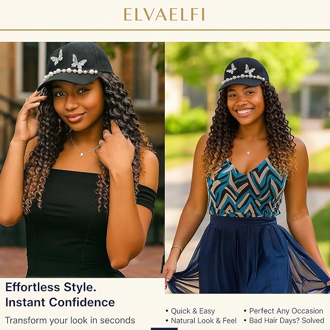 Hat with Gogo Hair Extensions, 16-Inch Synthetic Curly Brown Wig, Beach Curl Crochet Hair for Black Women