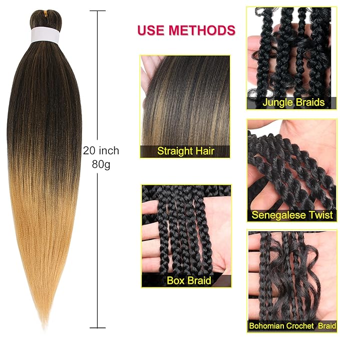 Leeven 8 Packs Pre-stretched 20 Inch Braiding Hair Extensions Yaki Texture Professional Crochet Braids Hair Hot Water Setting Synthetic Hair For Crochet Butterfly Braids(27613#)