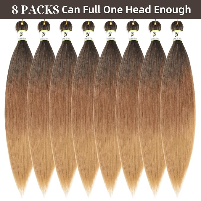 Pre Stretched Braiding Hair With Yaki Texture, 18inch Ombre Braiding Hair Pre Stretched 8packs, Blonde Brown Professional Hair Extension for Corochet Braid (T1 30 27)