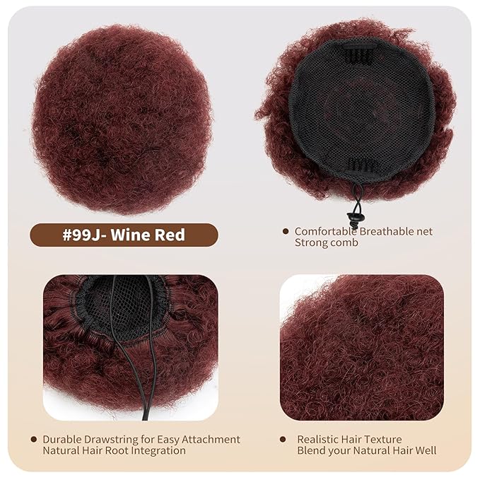 4 Inch Small Afro Puff Natural Human Hair Ponytail for Kids Baby Black Women Short Kinky Curly Ponytail Extension Drawstring Ponytail 4c Fake Bun Children African American Afro Puffs Buns Wine Red 30g