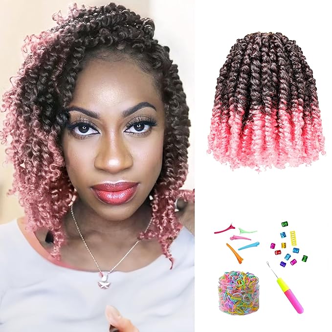 Pre Looped Pretwisted 6 Inches 8 Packs Passion Twist Crochet Hair for Black Women and Kids-Omber Pink,Soft Lightweight Hair Extension(6"-8 Packs,T1B/Pink)