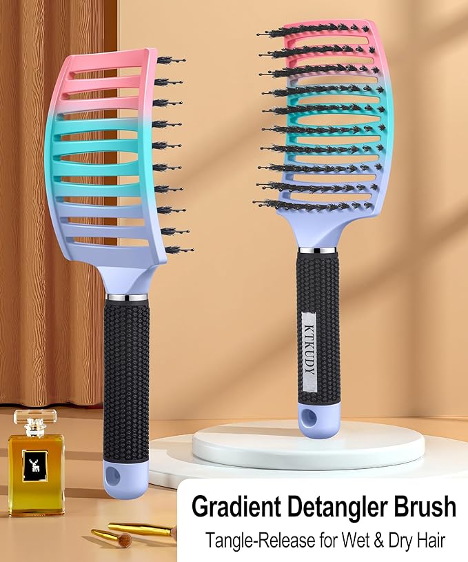 KTKUDY Detangling Brush Boar Bristles Hairbrush Make Hair Shiny & Healthier Curved and Vented Detangler Brush for Women Men Kids Wet & Dry Hair