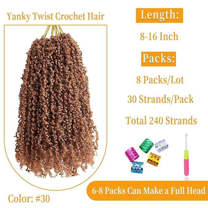 16 Inch Pre-Looped Yanky Twist Crochet Hair, 30 Strands/Pc, Mini Passion Twists, Senegalese Braiding Hair (30#, 8 Pcs/Pack)