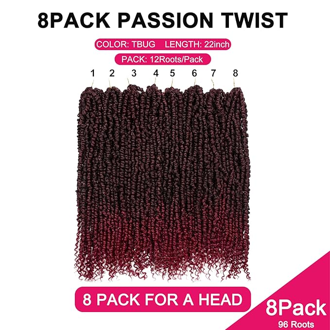Passion Twist Hair - 8 Packs 22 Inch Passion Twist Crochet Hair For Women, Crochet Pretwisted Curly Hair Passion Twists Synthetic Braiding Hair Extensions (22 Inch 8 Packs, TBUG)