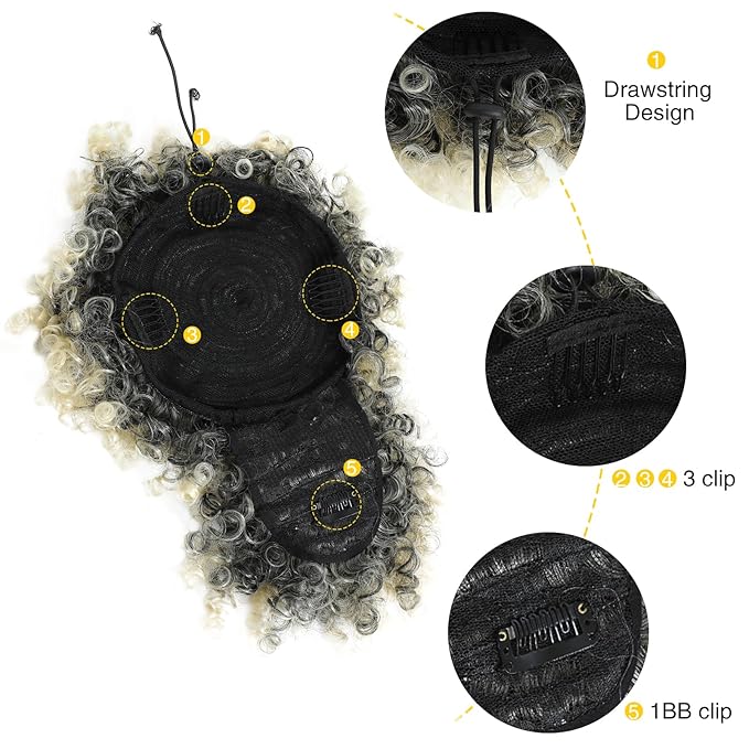 ENTRANCED STYLES Drawstring Ponytail with Bangs - Afro Puff Extensions for Women, Short Curly Clip in Wrap Updo Hairpiece (T1B/613#)