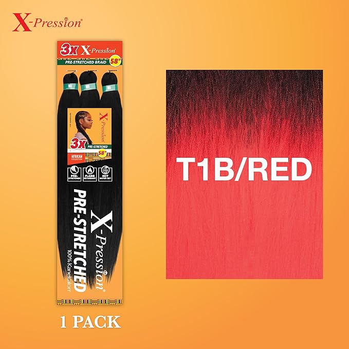 Sensationnel X-pression prestretched braiding hair - 3x braid 58 inch all kanekalon flame retardant synthetic braid for box braids and twists (1 pack, T1B/RED)