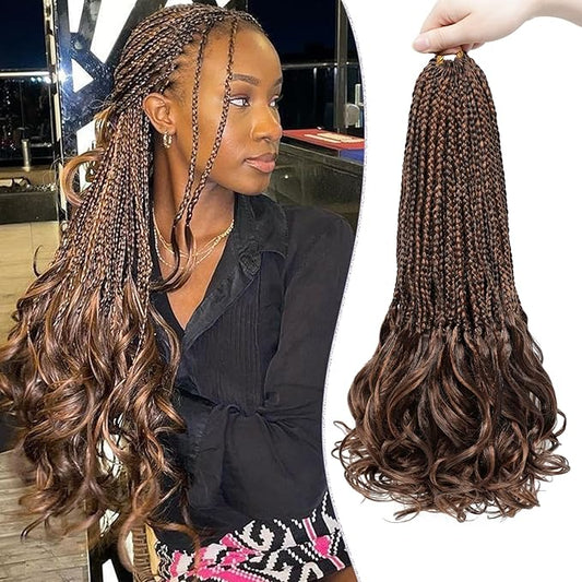 French Curly Braiding Hair Pre looped 18 Inch 8 Packs Crochet Hair for Women Dark Brown mix Brown Crochet Box Braids with Curly Ends Synthetic Hair Extensions P4/30#