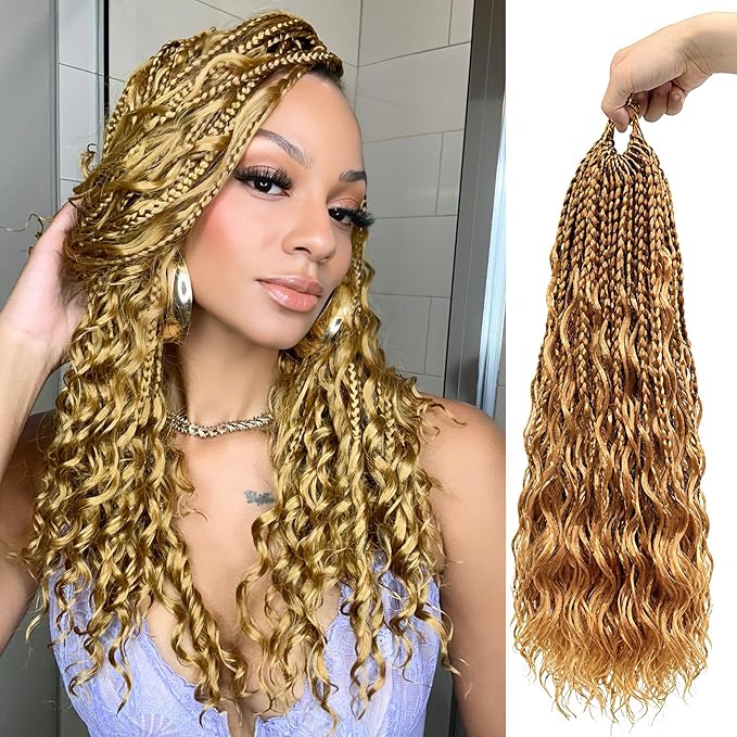 Eacia Goddess Box Braids Crochet Hair 18 Inch 7 Packs Blonde Pre Looped Boho Box Braids Crochet Hair Extensions with Curly Ends Curly Crochet Hair for Women(18 Inch, 27#)