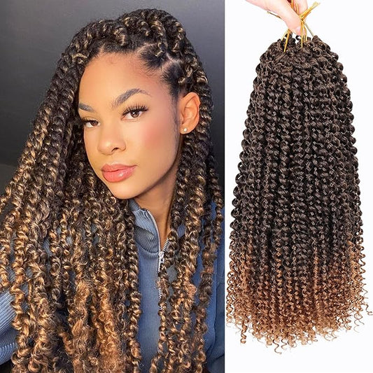 Dorsanee Ombre Brown Passion Twist Hair 16 Inch 7 Packs Water Wave Crochet Hair Long Bohemian Curly Braiding Hair for Butterfly Locs, Faux Locs, Boho Style Spring Twist Crochet Braids (T30#)