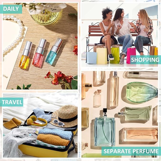 Zhehao 50 Pcs Mini Spray Bottles 2 ml Clear Glass Perfume Bottles Refillable Fine Mist Perfume Atomizer Portable Empty Sample Containers for Cleaning, Essential Oils, Travel (Silver Cap)