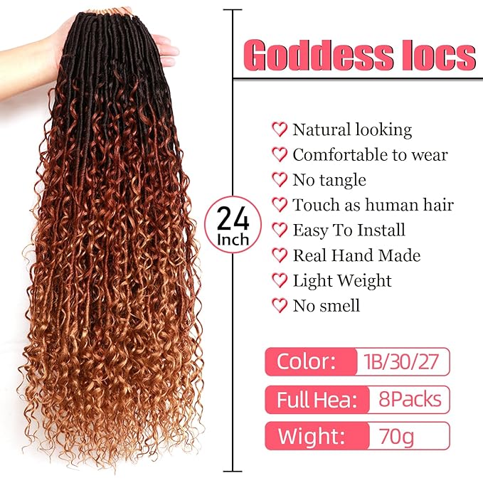 Goddess Locs Crochet Hair-24 Inch 8 Packs Boho Faux Locs Crochet Hair for Black Women Pre Looped Soft Locs with Curly Ends (1B/30/27, 24 Inch(Pack of 8))