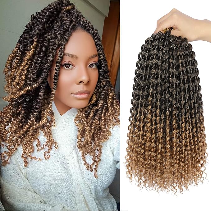 Ubeleco Short Passion Twist Hair, Ombre Blonde Water Wave Crochet Hair For Women 10 Inch Bohemian Synthetic Curly Braiding Hair 22 Strands/Pack Passion Twist Crochet Hair (10 Inch (Pack of 7),1B/27)