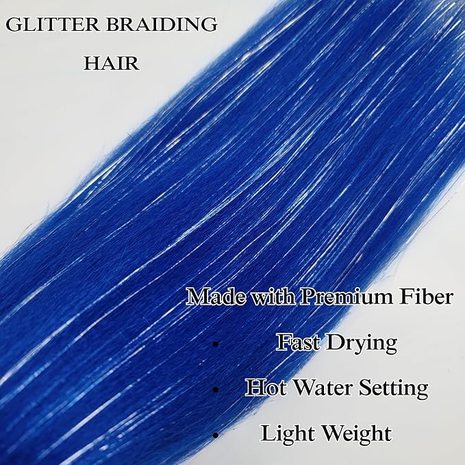 Tinsel Kids Braiding Hair Pre stretched Blue Braiding Hair for Glitter Braids Festival Braids Cosplay