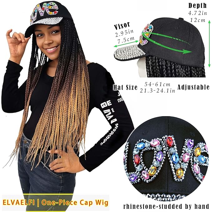 24" Box Braid Hair Extensions 100 Strands Gradient Brown, Rhinestone 'LOVE' Cap Wig for Women Girls Easy Style