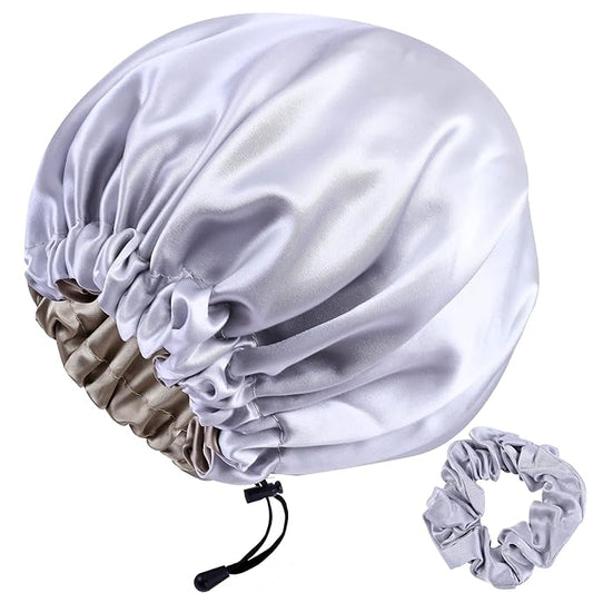 RedJoe 22 Momme 100% Mulberry Silk Bonnet Hair Wrap for Sleeping, Adjustable Silk Scrunchies Sleep Cap for Women Men Hair Care, Head Scarf Night Caps with Elastic Stay On Head, 1Pc(Gray,Bronze)