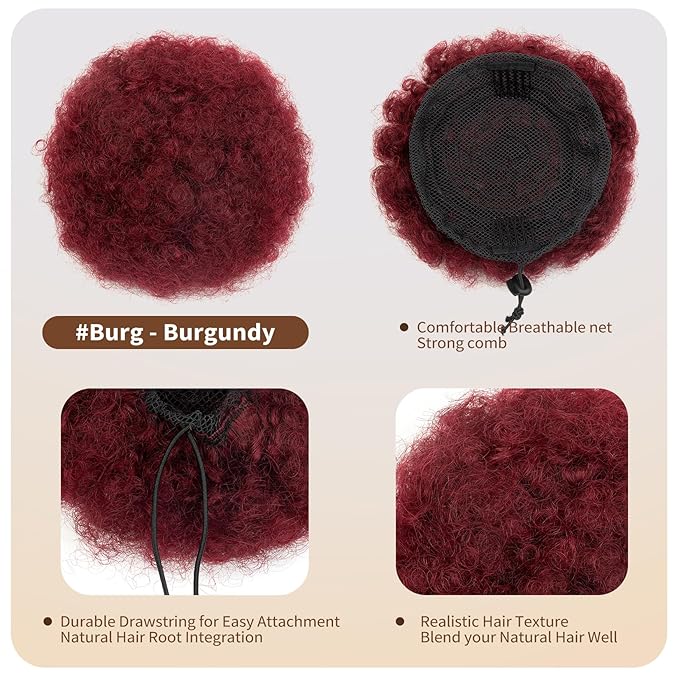Real Human Hair Feipro Kids Afro Puff Ponytail for Black Women Short Kinky Curly Ponytail Extension Drawstring Ponytail Fake Bun 4c African American Puffs Burgundy 6 Inch 40g Cheer Halloween Christmas