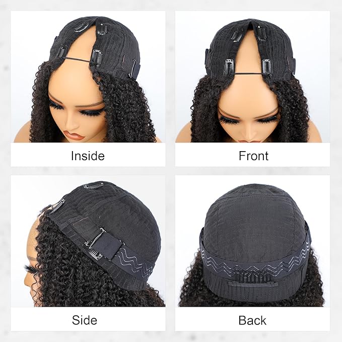ISEE V Part Human Hair Kinky Curly Minimal/No Leave Out Upgrade U Part Wig for Black Women V Shape Kinky Curly Thin Part Glueless Clip In Half Wig 180% Density Natural Color 26 Inch