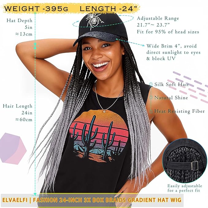 Baseball Cap Wig 24-Inch Crochet Box Braids, Ombre Silver Grey Wig 3x Braids, Hat with Hair Attached for Women