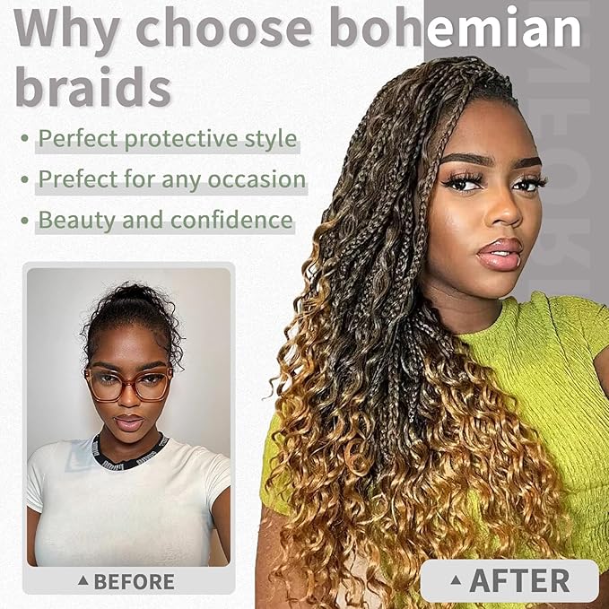 Wassai 18 Inch 7 Packs Boho Box Braids Crochet Hair for women Goddess Box Braids with Curly Ends Bohemian Crochet Braids Synthetic Braiding Hair Extensions, M33/30/27