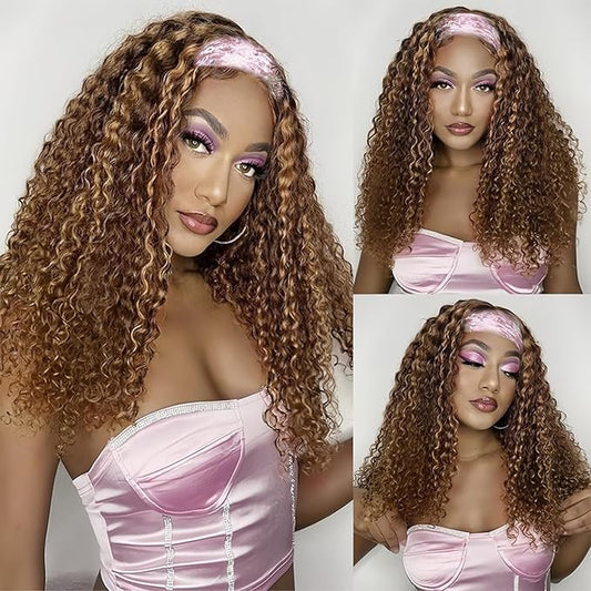 Highlight Ombre Headband Wig Human Hair Curly #4/27 Glueless Brazilian Ombre Deep Wave Headband Wig Human Hair Wigs for Black Women 24 Inch