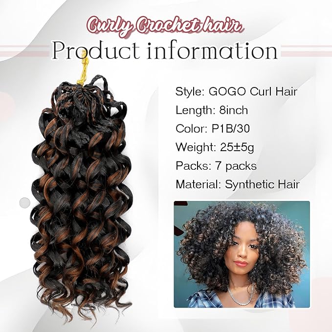 7 Packs Gogo Curl Crochet Hair for Women 8 Inch Pre-Twisted Curly Crochet Hair Deep Ocean Beach Curl Crochet Braids Synthetic Braiding Hair Extensions (8 Inch, P1B/30)