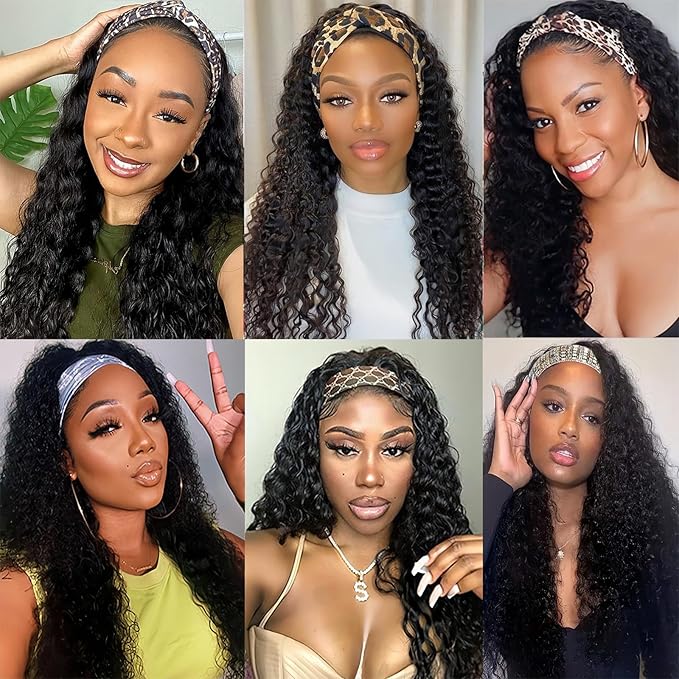 Curly Headband Wig Human Hair 30 inch Machine Made None Front Deep Wave Headband Human Hair Wigs For Black Woman Water Wave Head band Wig Natural Color