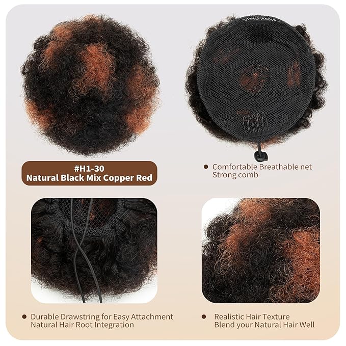 Kids Small Afro Puff Human Hair Ponytail for Baby Black Women Short Kinky Curly Ponytail Extension African American Drawstring Ponytail Fake Hair Puff Buns 4c Natural Black Mix Copper Red 4 Inch 30g