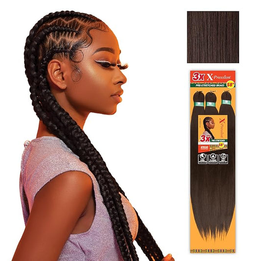 Sensationnel X-pression prestretched braiding hair - 3x braid 58 inch all kanekalon flame retardant synthetic braid for box braids and twists (3 pack, 4 MEDBROWN)