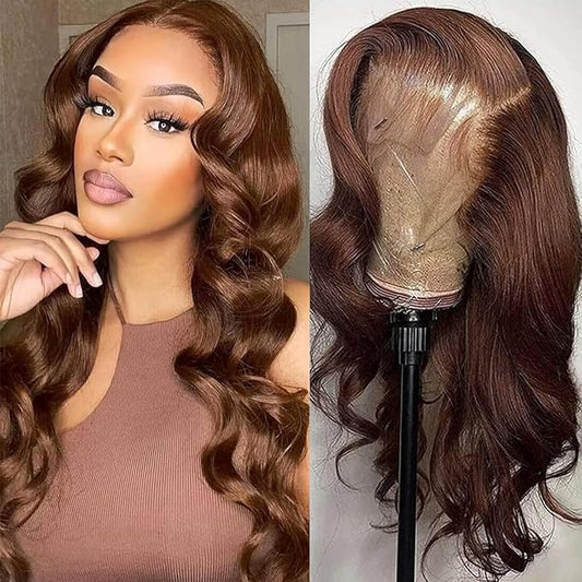 SENSAIRUITE Chocolate Brown Body Wave Lace Front Wigs Human Hair 13x4 Wide Lace 180 Density Human Wigs #4 Frontal Wigs Pre Plucked With Baby Hair 28 Inches