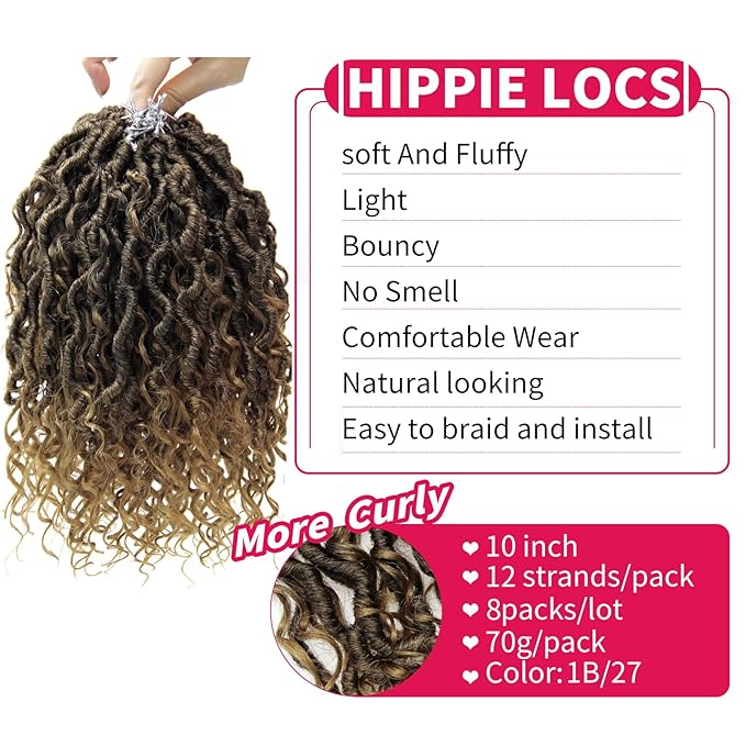 Goddess Locs Crochet Hair Short Curly Faux Locs 10Inch 8Packs Pre-looped River Locs Hippie Locs Bohemian Crochet Braids for Black Women (1B/27, 10inch(Pack of 8))