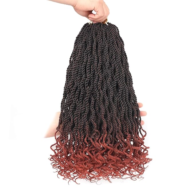 Leeven 18 Inch Senegalese Twist Crochet Hair with Curly Ends 8 Packs Ombre Copper Red Pre Looped Wavy Crochet Braids for Kids Women Ginger Pre Twisted Small Hanava Twist Synthetic Braiding Hair