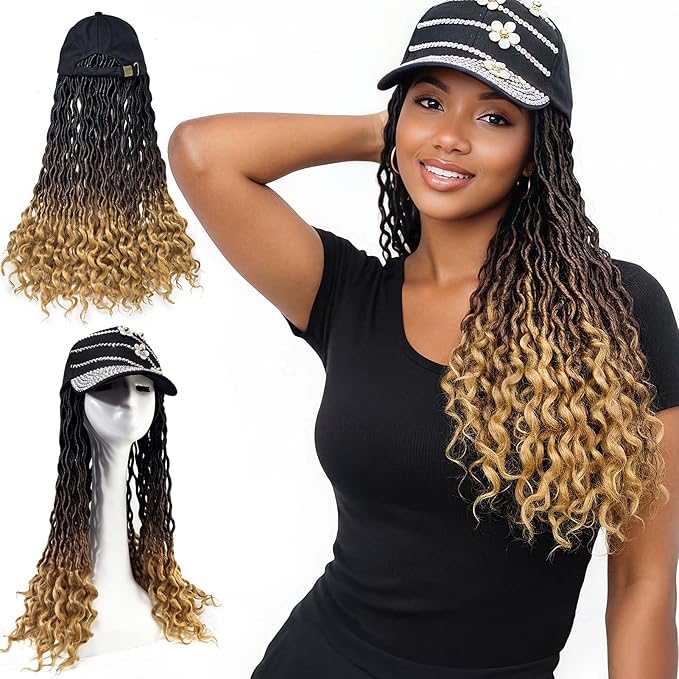 Hat Wig 20-Inch Goddess Locs Crochet Hair Curly Ends, Ombre Brown Synthetic Soft Faux Locs Wigs for Women