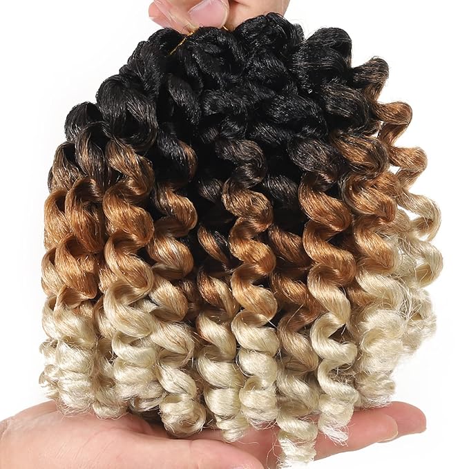 Jamaican Bounce Crochet Hair Extensions 8 inch Ringlet Wand Curl Crochet Hair 3 Tone Blonde Ombre Curly Crochet Braids Grey Crochet Braiding Hair 60 Roots