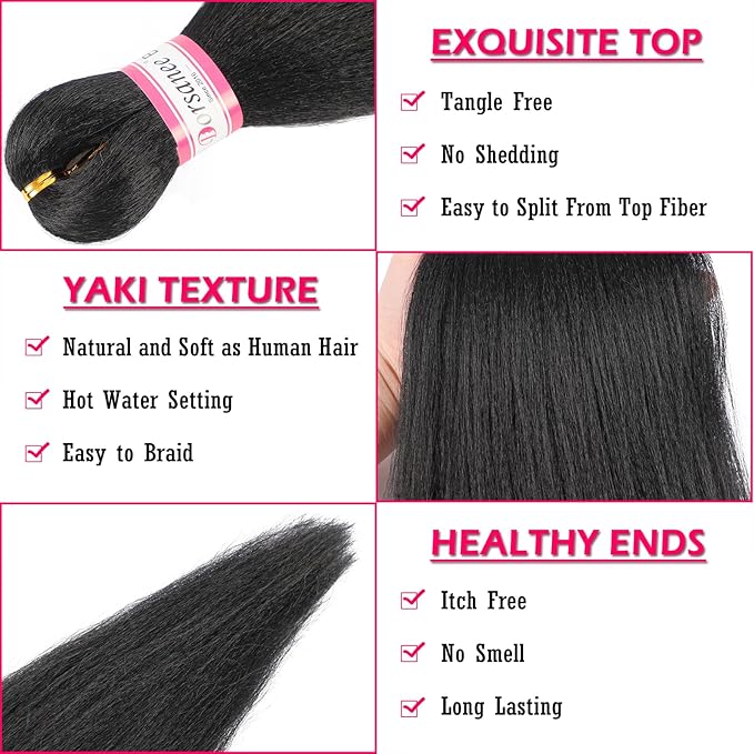 Pre-Stretched Braiding Hair Extensions Black-16 Inch 8 Packs Synthetic Braiding Hair Crochet Braids, Natural Easy Braid Crochet Hair, Hot Water Setting Professional Soft Yaki Straight Texture (#1B)