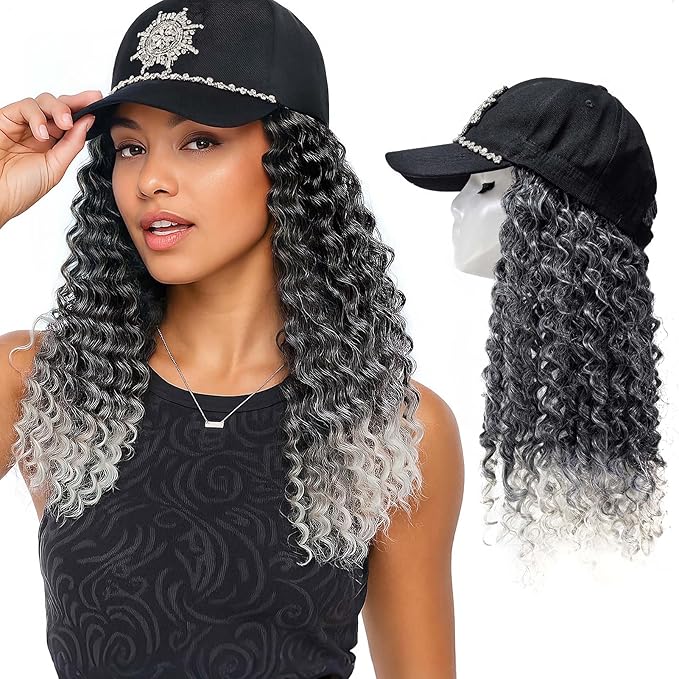 Hat with Gogo Curl Crochet Hair, 16-Inch Synthetic Long Grey Wig for Women, Ombre Gray Baseball Cap Wig