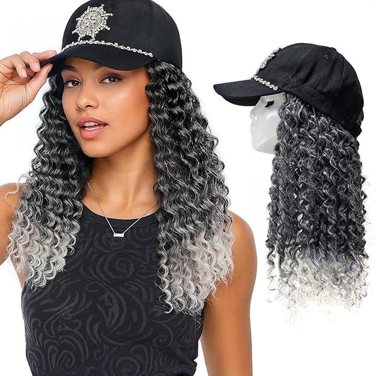 Hat with Gogo Curl Crochet Hair, 16-Inch Synthetic Long Grey Wig for Women, Ombre Gray Baseball Cap Wig