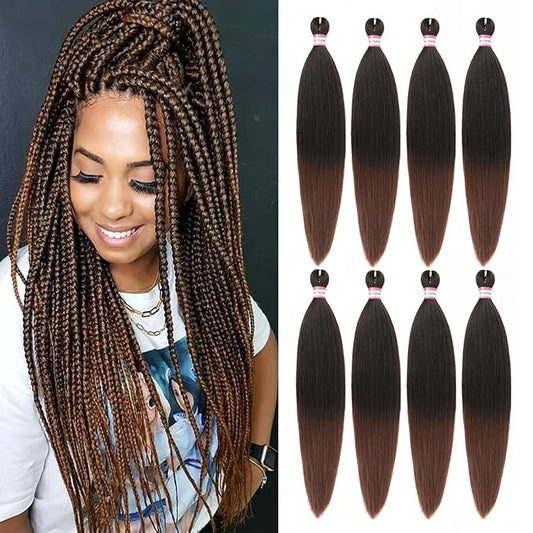 Pre-stretched Braiding Hair Extension Ombre Natural Black Brown Professional Crochet Braiding Hair 24 Inch 8 Packs Hot Water Setting Perm Yaki Synthetic Hair for Twist Braids (#1B/30)