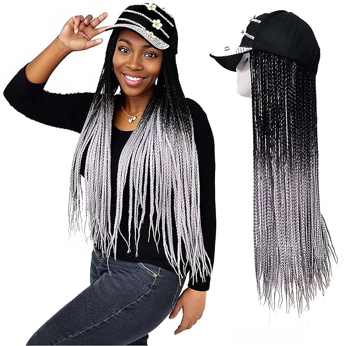 24in 3x Braided Wigs Hat Ombre Silver Gray, Ghic Bling Cap Wig for Women Girls Easy Style