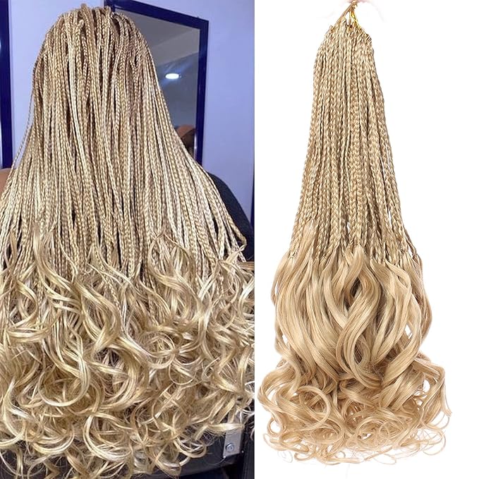 18 Inch Mix Blonde French Curl Crochet Braids 9 Packs Bohemian Goddess Box Braids Pre Looped Crochet Hair Synthetic Wave Bouncy Braiding Hair for Women
